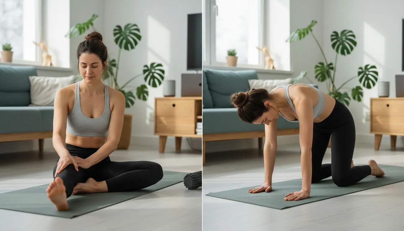 오랜 시간 앉아서 일하는 사무직 여성을 위한 하체 부종 제거 마사지와 거북목 통증을 완화하는 요가 동작