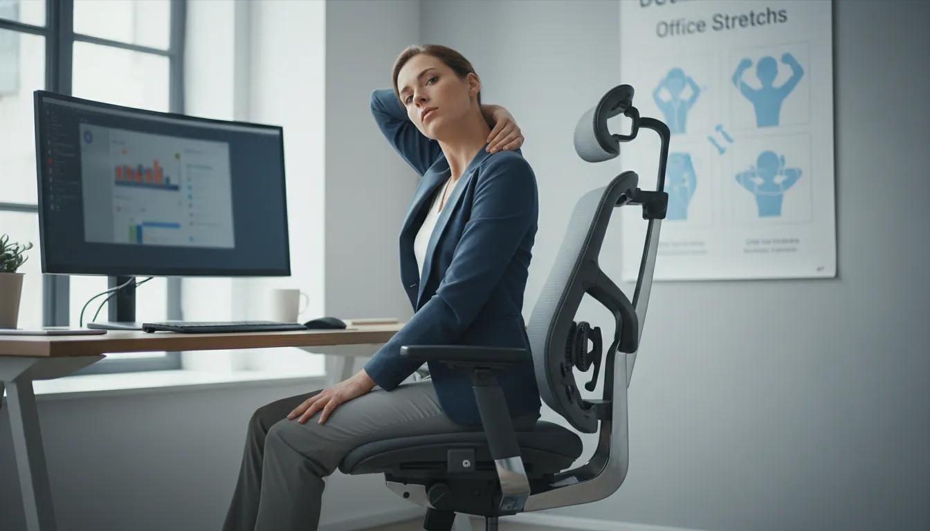 딱딱하게 굳은 어깨와 목을 시원하게 풀어주는 오피스 스트레칭과 바른 자세를 유지하는 인체공학적 의자